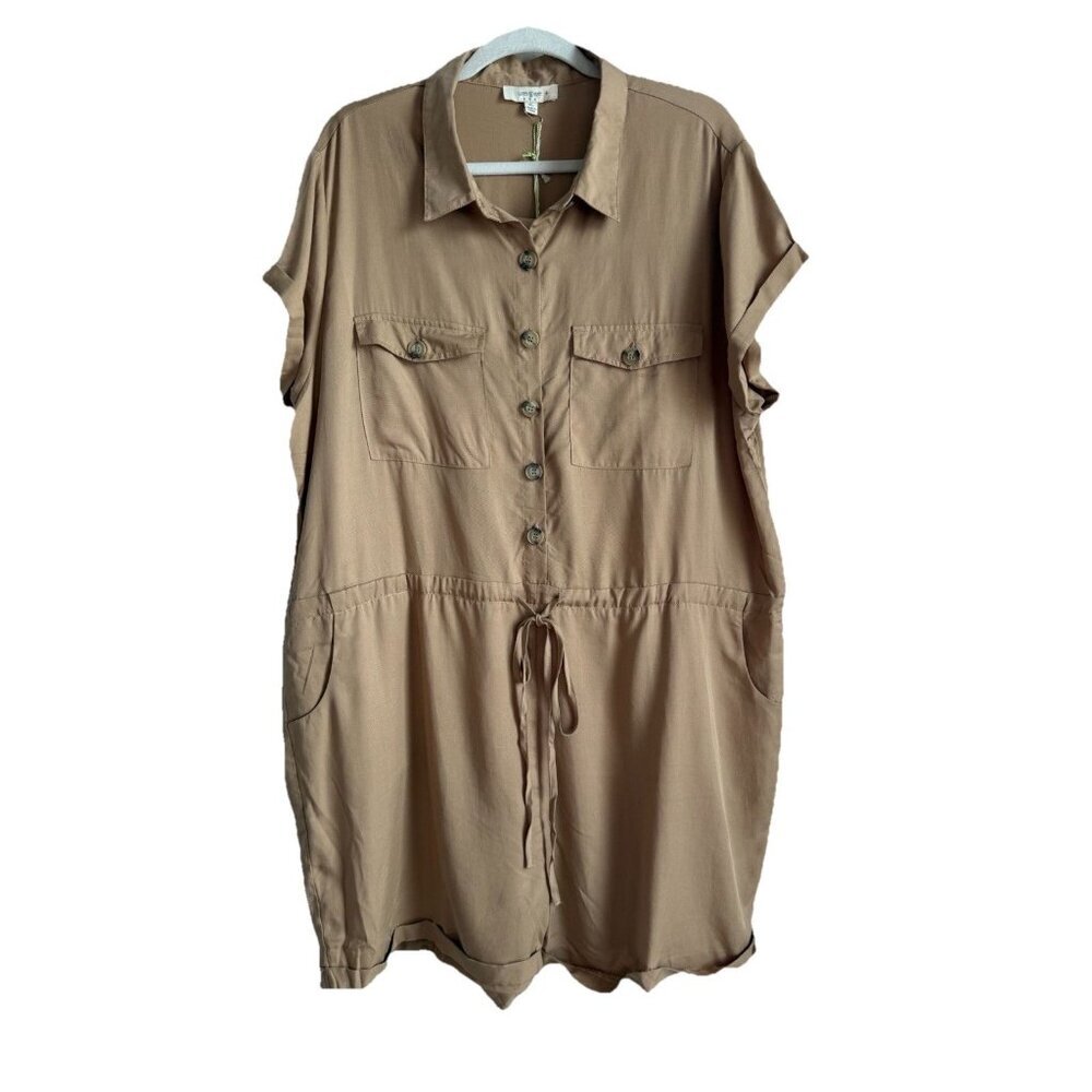 Umgee Women’s Taupe‎ Button Drawstring Waist Cuffed Hem Romper Plus Size XL NEW